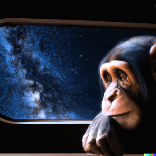 Chimpanzé pensant à la fenêtre du vaisseau spatial sur fond de galaxie.
